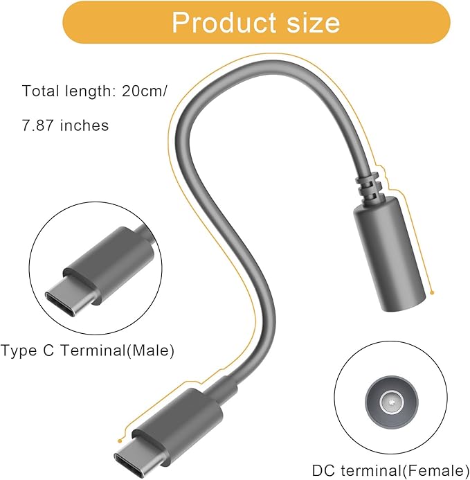 Starlink Mini Type-C to DC Extension Cable 7.9-inch，Type-C Input Male to DC Female Output Waterproof Converter Adapter, Compatible With Starlink Mini 65W 20V Charger/Power Bank Replacement Accessories