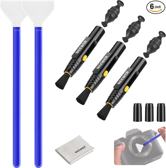 NEEWER 6 in 1 Camera Lens Cleaning Kit for Electronics, Phones, Tablets, 3X Double Head Lens Brush Pen + 2X 24mm Full Frame Sensor Swab + 1x Cleaning Cloth, HM-48 by Neewer