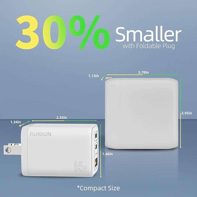 65W USB C Charger,PD3.0 GaN USB C Charger for Travel, Fast Charger for MacBook Pro/Air, iPad, Galaxy S24 Ultra, Dell XPS, iPhone 15 Pro and More(White)