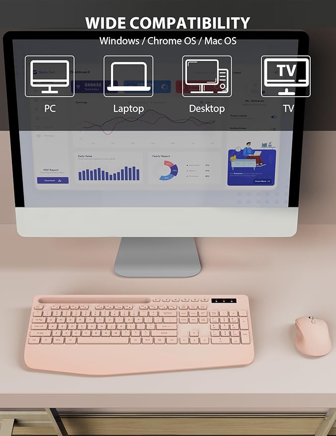 Trueque Wireless Keyboard and Mouse Combo - Full-Sized Ergonomic Keyboard with Wrist Rest, Phone Holder, Sleep Mode, Silent 2.4GHz Cordless Keyboards Mice Set for Computer, Laptop, PC, Windows (Pink)