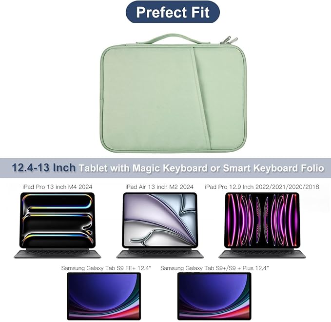 12.9 Inch Tablet Sleeve Bag for 2025 2024 iPad Pro M5 M4/iPad Air M4 M3 M2 13"/Pro 12.9",Samsung Galaxy Tab S9+Plus,S8+,S7+ Plus,S7 FE 12.4" Carrying Case,Surface Pro 11 Snapdragon,10,9,8,X Bag-Green