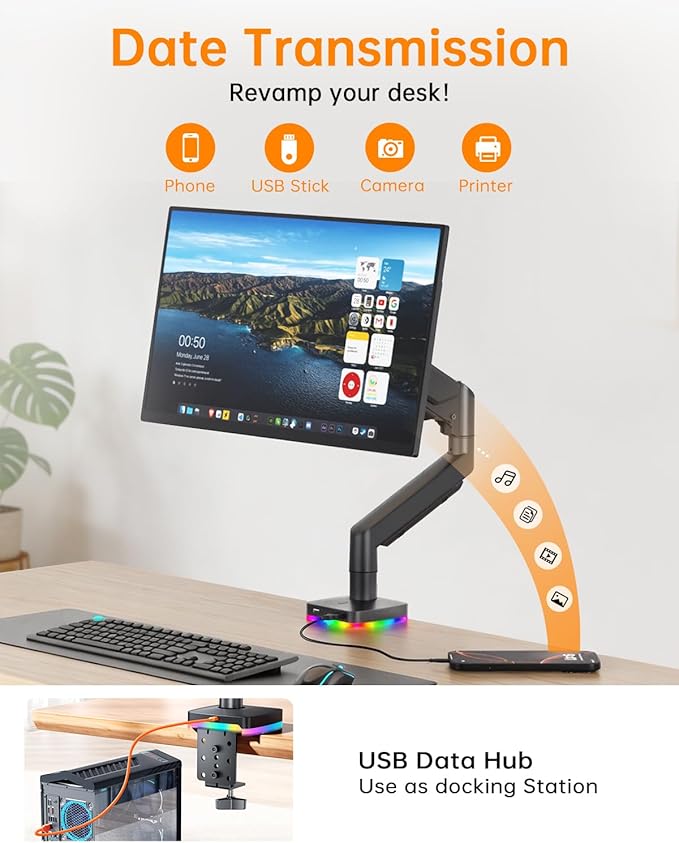 Afaloona RGB Single Monitor Stand, Gas Spring Monitor Arm with 3 USB Ports, Charging and USB Data Transfer Function, Desk Mount for 13"-32" Monitors up to 19.8lbs, Adjustable Height,Swivel,Rotate,Tilt