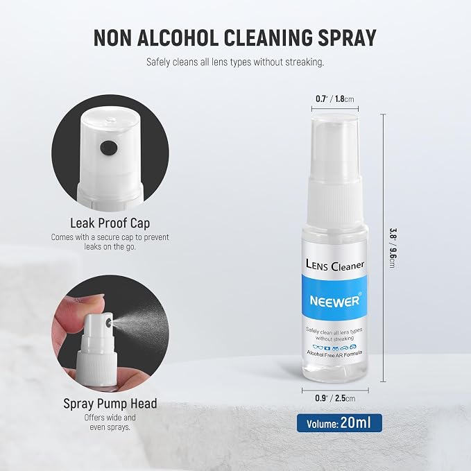 NEEWER 16 in 1 Camera Lens Cleaning Kit, 1x Brush + 1x Air Blower + 1x Cleaning Swab for 24mm Full Frame Sensor + 1x Cleaner Spray + 2X Cloth + 10x Wet Lens Wipe, HM-44 - Image 4