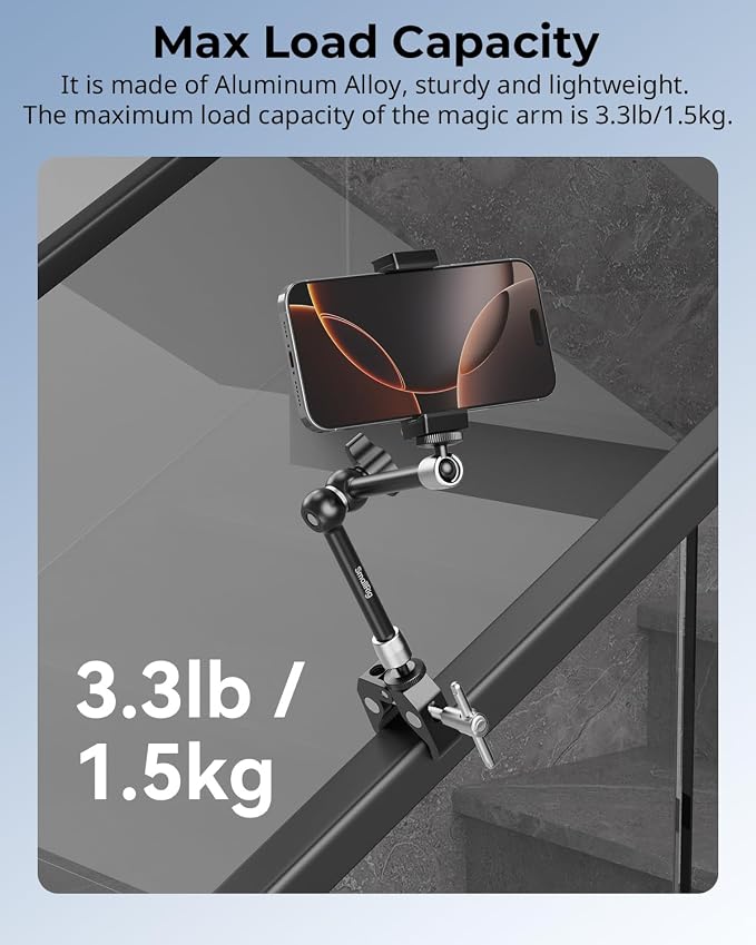 SmallRig Clamp w/ 1/4" and 3/8" Thread Holes, 9.8 Inches Adjustable Friction Power Articulating Magic Arm with Phone Holder for Action Cameras, Smartphones, LCD Monitor/LED Lights - 5326 - Image 7