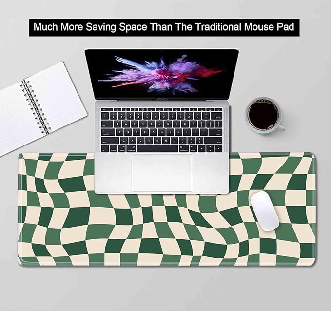 Sage Green Checkered Desk mat, Retro Boho Extra Large Mouse Pad, Abstract Wavy Desk Protector Pad, Minimal Pattern Aesthetic Writing Mat for Computer & Laptop Home Office, 31.5 X 11.8 in