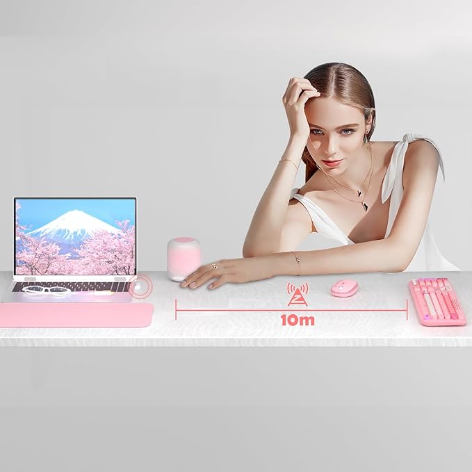 Wireless Keyboard and Mouse,MOFII 104 Round Keys Lovely Full-Size Cute Colorful Keyboard and Mouse with Retro Typewriter for PC/Mac/Laptop/Tablet/Computer/Windows Pink
