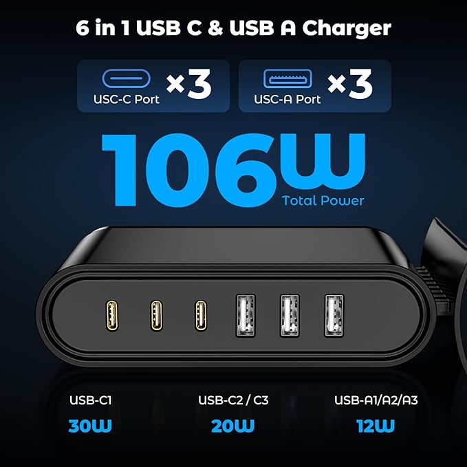 USB C Charger Block Charging Station,6 Port 3 Type C & 3 USB A Fast Charging Hub, Multi Device Wall Plug Brick for Apple iPhone 17 16 Pro Max/17 Air/15/14/iPad/Samsung Galaxy S25 Ultra/S24/S23/Android