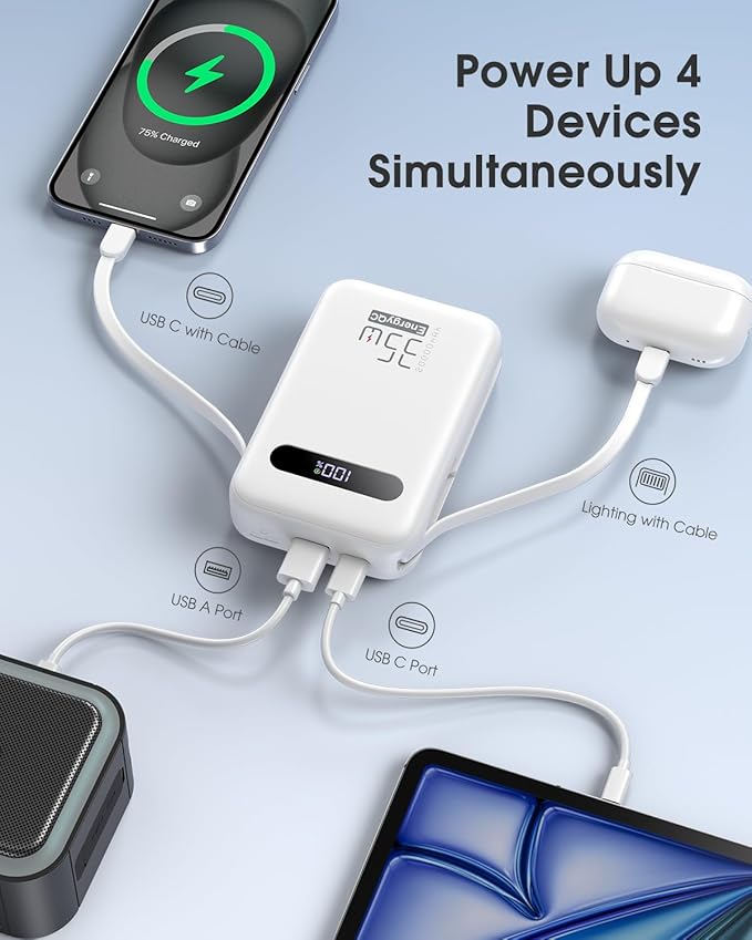 EnergyQC 20000mAh Portable Charger, 35W PD 3.0+QC 4.0 Fast Charging Power Bank with Built-in Lightning & USB-C in&Out Cables, Travel Battery Pack for iPhone 16/15/14/13, Samsung, iPad, Android, White