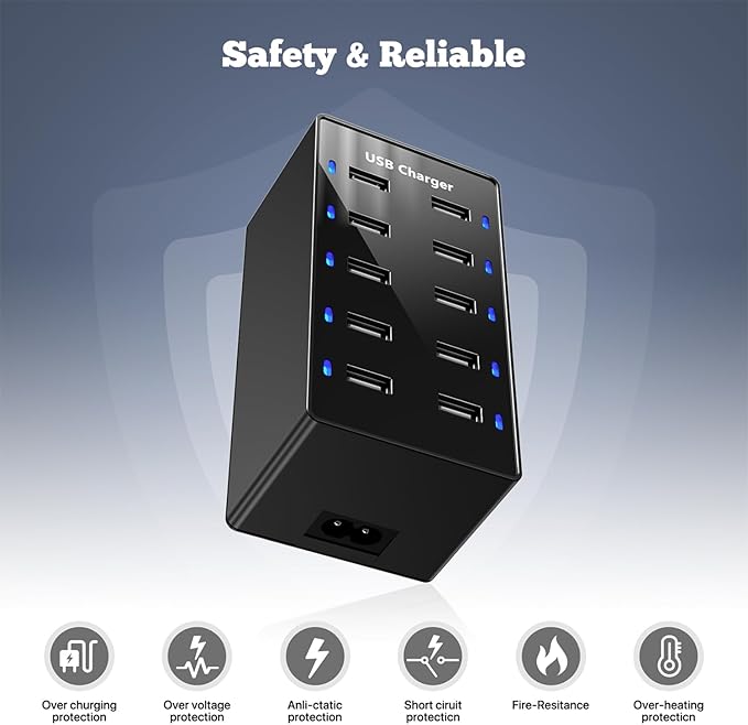 Multiple USB Charger, 10 Port USB Charging Station, Charging Station for Multiple Devices, Charger Block for iPhone 13/14/15/16/Samsung S24/S25 Ultra/Google/iPad/iPod