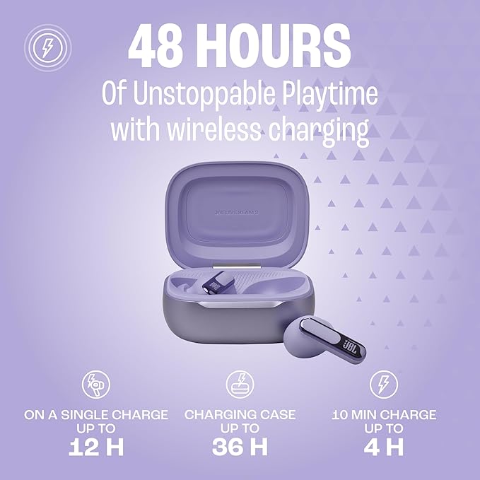 JBL Live Beam 3 - True wireless noise-cancelling stick-closed earbuds, 48Hrs total playback, Wireless Charging, 6 Mics for perfect calls, Multi-point connection, IP55 waterproof and dustproof (Purple)