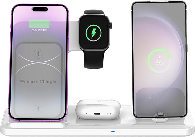 Wireless Charger for iPhone Charging Station, Foldable 4 in 1 Fast Charging for iPhone 16 15 14 13 12 Pro Max Plus, Charger Stand for Apple Watch & Airpods 4 3 2 Pro,for Samsung Series White