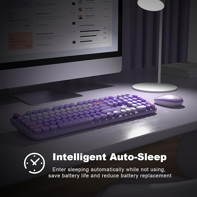 Wireless Keyboard and Mouse, Typewriter Full Size Keyboard with Number Pad and 2 in 1 USB Connected Mouse for Windows 7/8/10, Laptop, Desktop, PC, Computer (Purple Colorful)