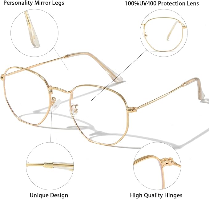 Hexagonal Metal Blue Light Blocking Glasses Anti Eye Strain for Digital Screens Lightweight Frame for Men Women