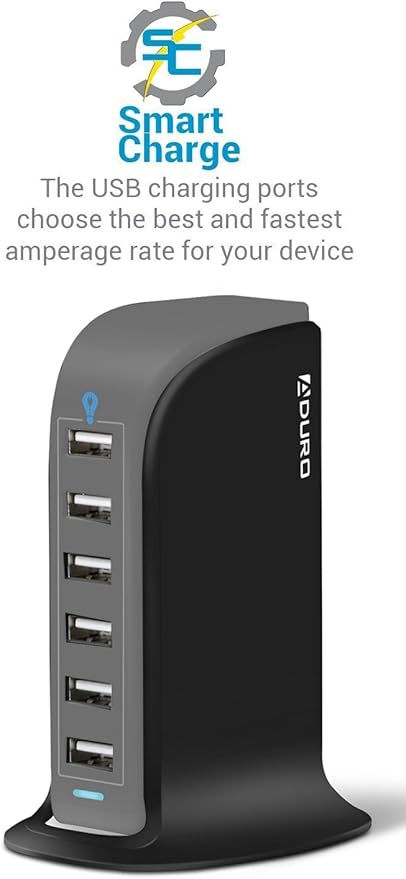 Aduro 40W 6-Port USB Desktop Charging Station Hub Wall Charger for iPhone iPad Tablets Smartphones with Smart Flow (Black)