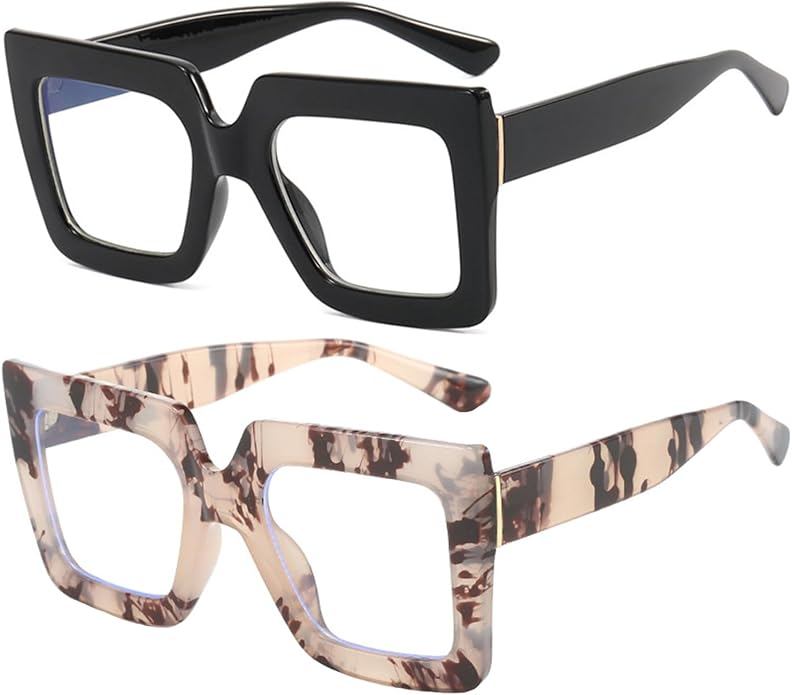 Onrtry Oversized Square Blue Light Glasses for Women Men Thick Frame Big Computer Eyewear Non-Prescription Eyeglasses