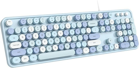Wired Keyboard, Full-Sized Typewriter Keyboards, USB Plug and Play Office Keyboard with Number Pad, Caps Indicators, Foldable Stands for Windows, PC, Laptop, Desktop (Blue Colorful)