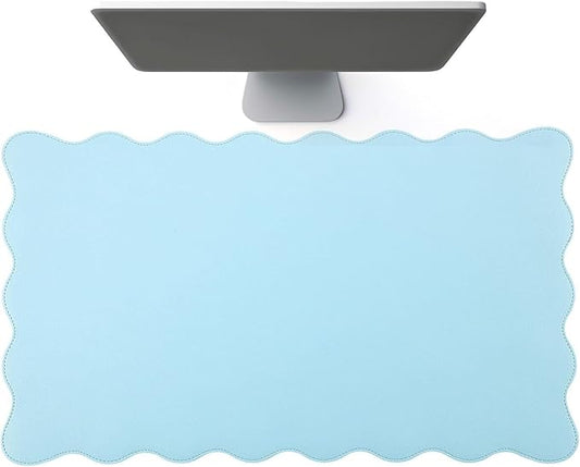 Scalloped Desk Mat Leather Desk Pad Protector Non-Slip PU Leather Table Protector Waterproof Mouse Pad Keyboard Mat Curly Mousepad PC Accessories Gift for Office Home(Light Blue)