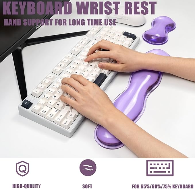 Ergonomic Silicone Gel Keyboard and Mouse Wrist Rest Set – Clear Wrist Rest for Keyboard 60%/68%/75%, Comfort & Support for Typing and Gaming(Purple)