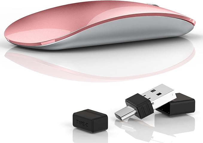 Uiosmuph G11 Wireless Mouse, USB C Rechargeable Computer Mouse, Slim Silent Mice 2.4GHz Optical with USB Nano Receiver and Type C Receiver for Laptop/Mac/PC - Rose Gold