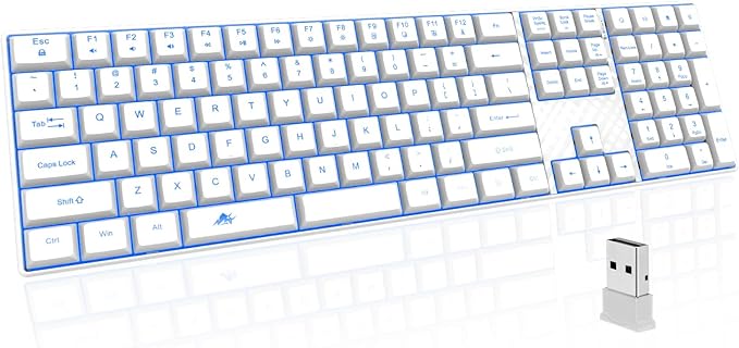 Wireless Backlit Keyboard Quiet - Computer Rechargeable Ergonomic Light UP Keyboard, Silent Keys Full Size Compatible for Windows, Desktop, Laptop, PC, Gaming, PS5 - White