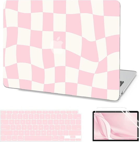 AKIT Compatible with MacBook Air 13 Inch Case M1 2022 2021 2020 2019 2018 A2337 A2179 A1932, Pattern Hard Shell Laptop Case+Screen Protector+Keyboard Cover for MacBook Air 13.3 Inch, Pink Checkerboard