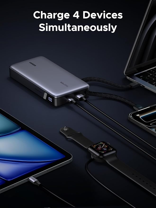 UGREEN Nexode Power Bank, 25,000mAh 165W Laptop Portable Charger with 2 Built-in USB-C Cables, 90Wh Fast Charging Business Travel Battery Pack for MacBook Pro/Air/ipad/iPhone 17/Samsung/Dell/HP/Lenovo