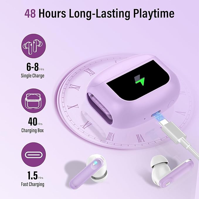 Wireless Earbuds, Bluetooth 5.4 Headphones with Multifunctional Touch Screen, 48H Bass Stereo Ear Buds with ANC/ENC Noise Cancelling/Transparency Mode, IPX7 Earphones with 5 EQ Modes, Taro purple