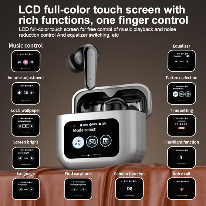 Q30 Bluetooth earphones, equipped with an intelligent color touch screen, supporting ANC and ENC active noise reduction functions, wireless audio earbuds for better sound quality and comfort (Black)