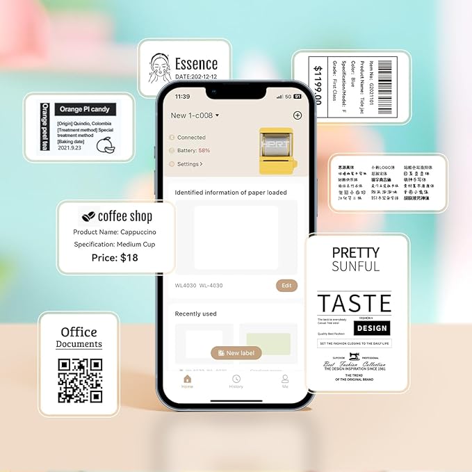 HPRT NEW1 Label Printer 2 Inch Portable Inkless Bluetooth Label Maker for Small Business, Home, School, Sticker Printer for Address, Logo, Barcode, Clothing, with Automatic Label Recognition（Yellow）