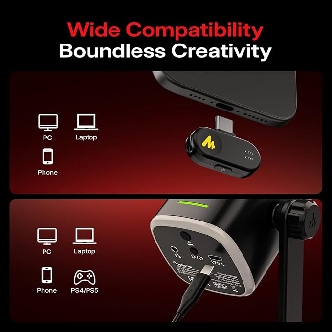 MAONO PD100W USB Wireless Microphone for PC, Gaming Streaming Dynamic Mic with One-Click Noise Reduction,Mute Button,Custom RGB, 3.5mm Headphone Jack, Desktop Podcasting Mic for Computer Phone, Black