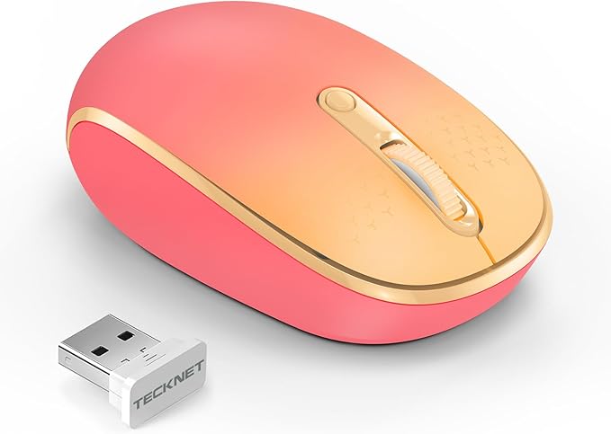 TECKNET Wireless Mouse, 2.4G Quiet Computer Mouse with USB Receiver, 4 Buttons Portable Cordless Mice for Chromebook, Laptop, PC, Mac, 800/1200/1600 DPI - Red-Pink Gradient