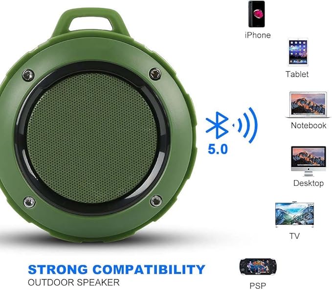 Kunodi Outdoor Waterproof Bluetooth Speaker, Wireless Portable Mini Travel Speaker with Subwoofer, Enhanced Bass, Built in Mic for Sports, Pool, Beach, Hiking, Camping (Green)