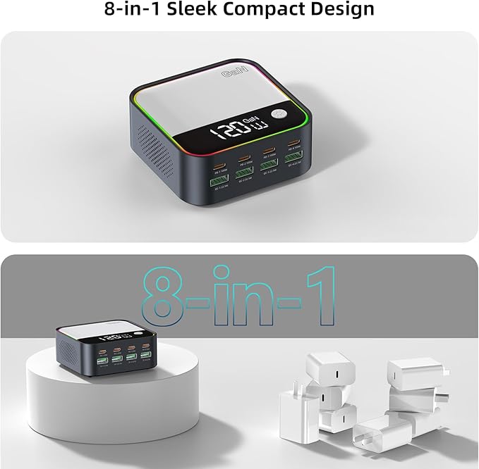 120W GaN USB C Charger Block Fast Charging, MultiPort USB Charging Station with Rainbow Gradient Light & LED Display for iPhone, Samsung Galaxy, iPad, Tablet, Laptop, Drones, Headphones