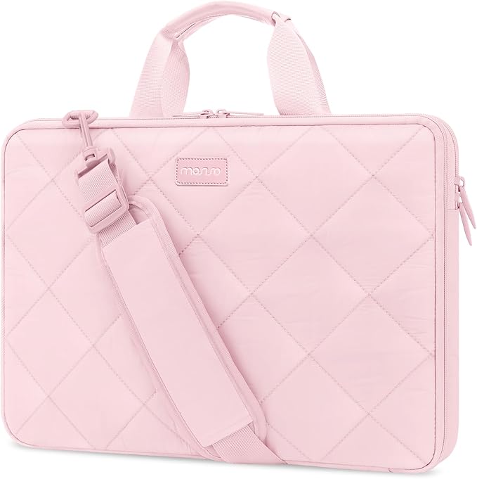 MOSISO 360 Protective Laptop Shoulder Bag, 15-15.6 inch Double Layer Fluffy Padded Laptop Bag with Anti-theft Zipper Compatible with MacBook Pro 16 inch, HP, Dell, Lenovo, Asus Notebook, Pink