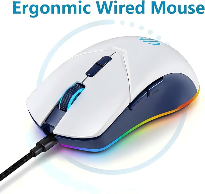 Wired Mouse, USB Computer Mouse 1600 DPI Mobile Optical Mouse Ergonomic Design Computer Mice with Cord for Laptop, PC, Desktop, MacBook, 7 Buttons (White)