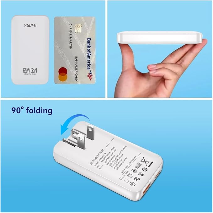 65W Flat USB c Wall Charger,Folding Travel Dual Port USB Wall Charger, for Laptops, Tablets, Phones, Black (White-New)