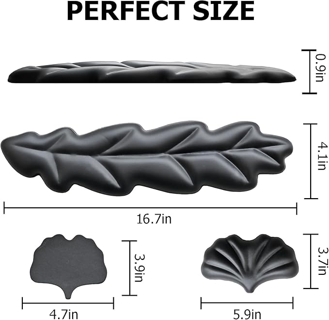 Ergonomic Keyboard Wrist Rest, Leaf Shape PU Leather Memory Foam Wrist Support for Computer Keyboard, Keyboard Pad and Cute Mouse Wrist Pad for Gaming,Office, Computer, Typing Pain Relief, Black