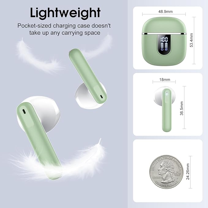 Wireless Earbuds, Bluetooth 5.4 Headphones with 3D Bass Stereo, 40H In-Ear Buds with 4 ENC Noise Cancelling Mic, Ultralight Bluetooth Earbuds USB-C LED, IP7 Waterproof Earphones for Android iOS, Green