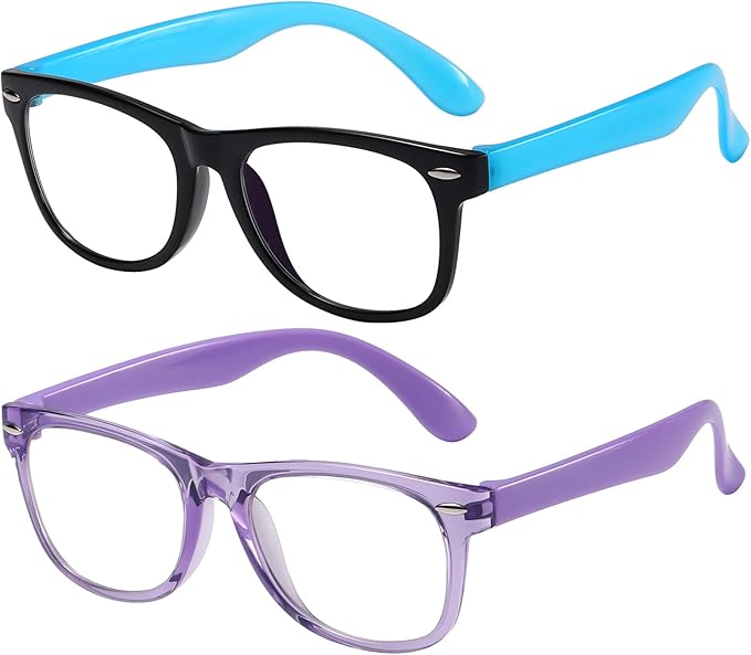 DYLB Kids Blue Light Blocking Glasses girls boys 2 pack, computer video gaming glasses for kids girls boys Age 3-10,Anti blue light & Headache (black blue + transparent purple)