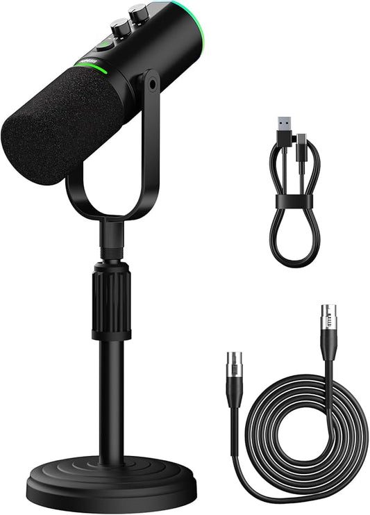 PUPGSIS Podcast Dynamic Microphone, XLR/USB Recording PC Microphones for Broadcast, Podcast, Recording, Gaming & Streaming, Studio Mic with Mute, Headphone Jack, Monitoring Volume Control, Windscreen