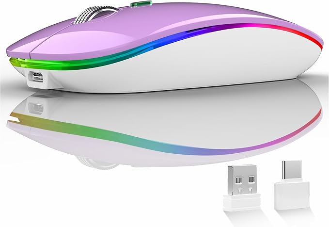 Uiosmuph LED Wireless Mouse, G12 Slim Rechargeable Silent Mouse, 2.4G Portable USB Optical Wireless Computer Mice with USB Receiver and Type C Adapter (Purple)