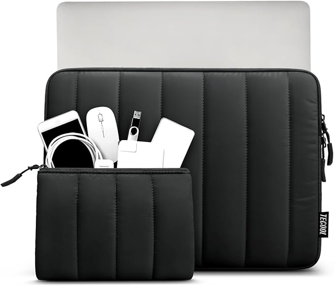 TECOOL Puffy Laptop Case 14 inch, Laptop Sleeve 14 inch for 14" Lenovo Thinkpad Ideapad HP EliteBook Pavilion Dell Chromebook, Protective Waterproof Sleeve 14 inch Computer Bag with Small Case,Black
