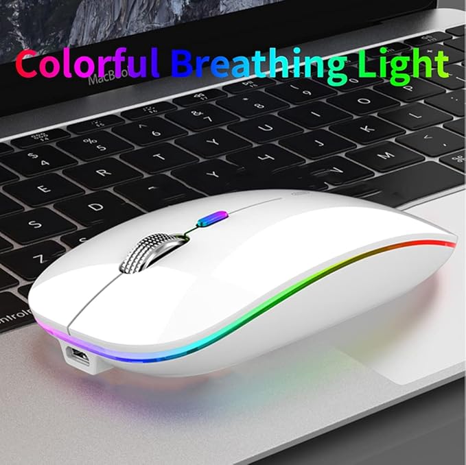 Uiosmuph LED Wireless Mouse, G12 Slim Rechargeable Silent Mouse, 2.4G Portable USB Optical Wireless Computer Mice with USB Receiver and Type C Adapter (White)