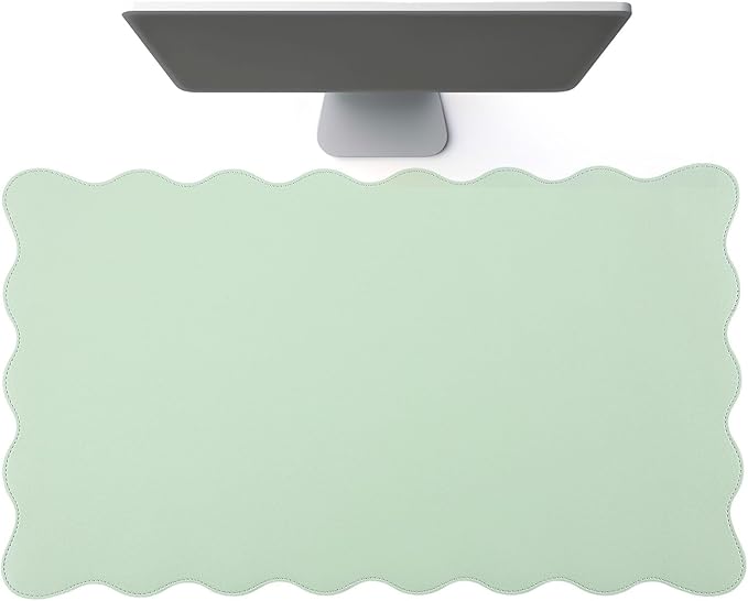 Scalloped Desk Mat Leather Desk Pad Protector Non-Slip PU Leather Table Protector Waterproof Mouse Pad Keyboard Mat Curly Mousepad PC Accessories Gift for Office Home (Sage Green)