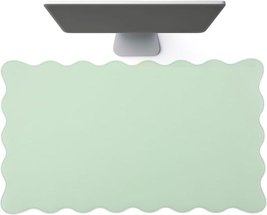 Scalloped Desk Mat Leather Desk Pad Protector Non-Slip PU Leather Table Protector Waterproof Mouse Pad Keyboard Mat Curly Mousepad PC Accessories Gift for Office Home (Sage Green)
