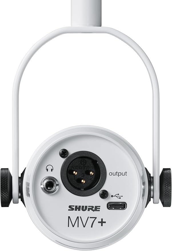 Shure MV7+ Podcast Dynamic Microphone – OBS Certified, Enhanced Audio, LED Panel, USB-C & XLR Outputs, Auto Level Mode, Digital Pop Filter, Reverb Effects – For Podcasting, Streaming, Recording, White