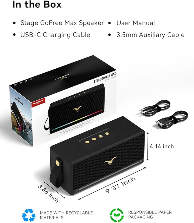 Bluetooth Speaker, StageSound Retro Speaker Wireless, Portable Loud Speaker with Bass Boost, 80W, IP67 Waterproof, LED Lights, TWS Pairing, 12H Playtime, TF/AUX/USB Play for Party, Home, Outdoor, Gift
