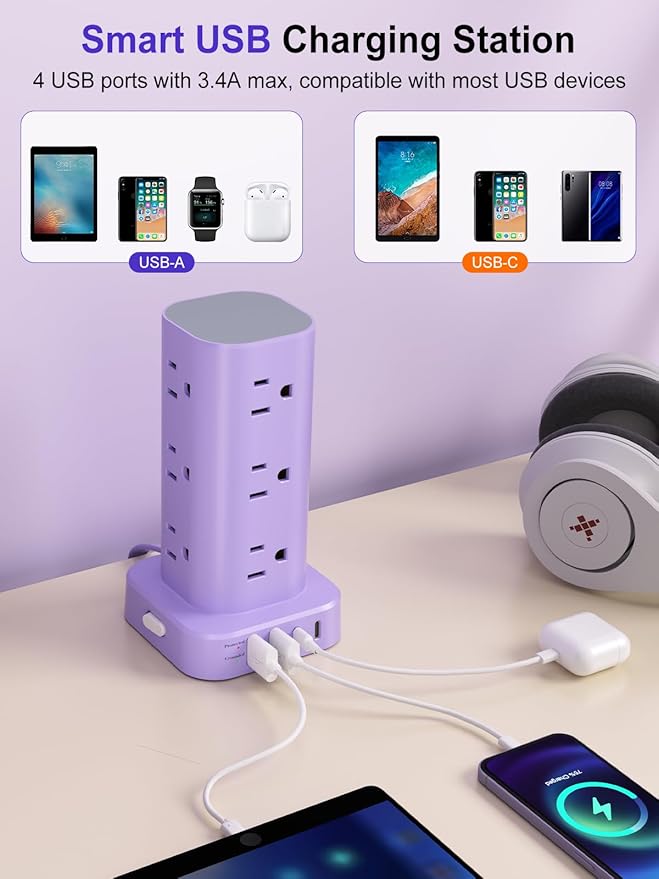 Power Strip Tower with Multiple Outlets, Flat Plug Surge Protector Tower Extension Cord with 12 AC Outlets 4 USB Ports (2 USB C), 6FT Cord Power Tower Surge Protector for Home Office Dorm Room, Purple