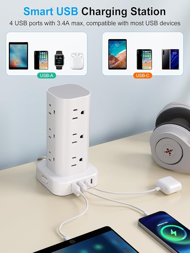 Power Strip Tower with Multiple Outlets, Flat Plug Surge Protector Tower Extension Cord with 12 AC Outlets 4 USB Ports (2 USB C), 10FT Cord Power Tower Surge Protector for Home Office Dorm Room, White