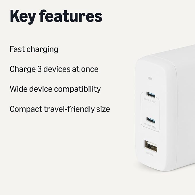 Amazon Basics Fast Charging USB C Nano GaN Wall Charger, 120W 3-Port for Laptops Tablets Phones, White